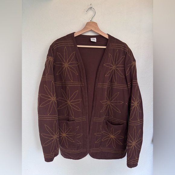 Zara Brown Oversized Knit 100% Cotton Flower Embroidered Cardigan Shacket Jacket - Picture 5 of 10